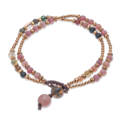 Agate beaded bracelet, 'Carnival in Pink' - Handmade Agate and Brass Beaded Bracelet