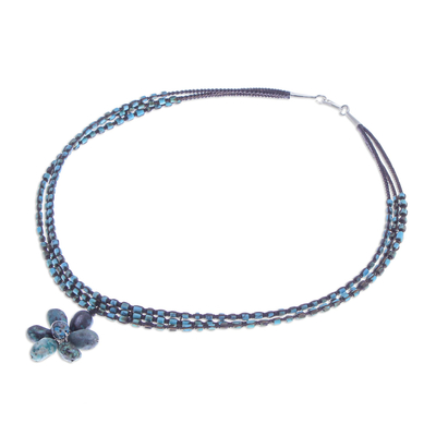Multi-gemstone macrame pendant necklace, 'Underground Flower' - Jasper and Howlite Floral Pendant Necklace