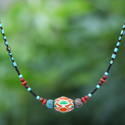 Multi-gemstone macrame pendant necklace, 'Rainbow Dreams' - Jasper and Calcite Beaded Pendant Necklace