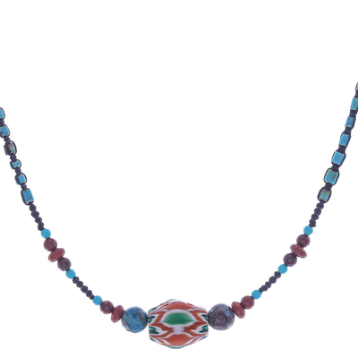 Multi-gemstone macrame pendant necklace, 'Rainbow Dreams' - Jasper and Calcite Beaded Pendant Necklace