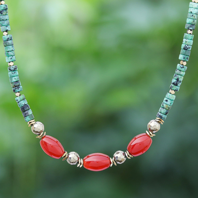 Gold-accented hematite and carnelian beaded necklace, 'Away We Go' - Gold-Accented Hematite and Carnelian Beaded Necklace