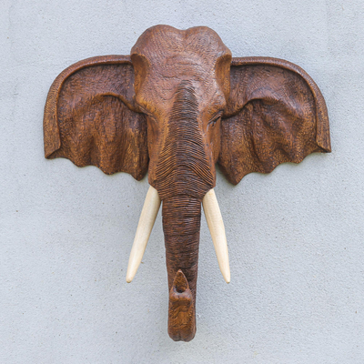 Teak wood sculpture, 'Knowing in Brown' - Hand Carved Teak Wood Elephant Sculpture