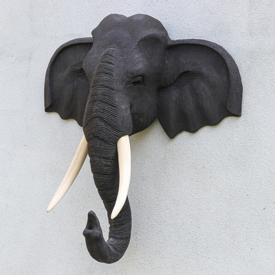 Teak wood sculpture, 'Knowing in Black' - Black Teak Wood Elephant Sculpture
