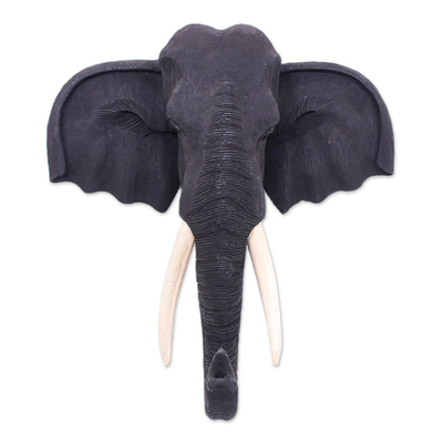 Teak wood sculpture, 'Knowing in Black' - Black Teak Wood Elephant Sculpture