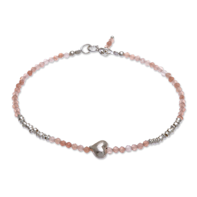 Sunstone beaded bracelet, 'Love Language in Pink' - Sunstone and Silver Beaded Heart Bracelet