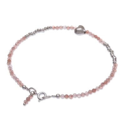Sunstone beaded bracelet, 'Love Language in Pink' - Sunstone and Silver Beaded Heart Bracelet