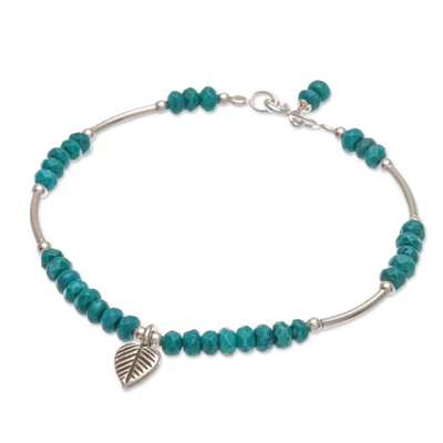 Sterling silver charm bracelet, 'Stillness in Turquoise' - Sterling Silver Leaf Charm Bracelet