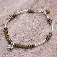 Unakite charm bracelet, 'Stillness in Green' - Unakite and Sterling Silver Leaf Charm Bracelet