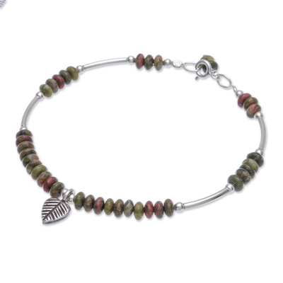 Unakite charm bracelet, 'Stillness in Green' - Unakite and Sterling Silver Leaf Charm Bracelet