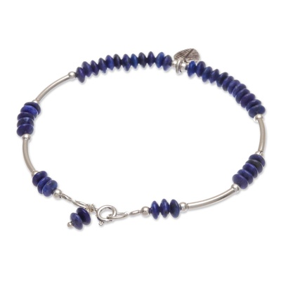 Lapis lazuli charm bracelet, 'Stillness in Blue' - Lapis Lazuli Sterling Silver Leaf Charm Bracelet