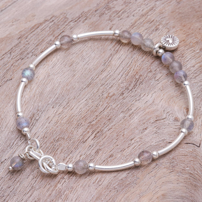 Labradorite charm bracelet, 'New Heart in Labradorite' - Labradorite and Sterling Silver Charm Bracelet