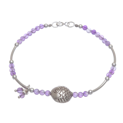 Amethyst beaded bracelet, 'Floating Fish in Purple' - Amethyst Beaded Fish Bracelet