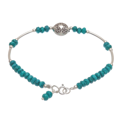 Sterling silver beaded bracelet, 'Daisy Crown in Teal' - Sterling and Karen Silver Beaded Bracelet