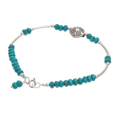 Sterling silver beaded bracelet, 'Daisy Crown in Teal' - Sterling and Karen Silver Beaded Bracelet
