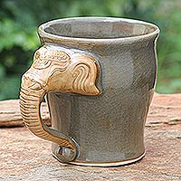 Celadon ceramic mug, 'Elephant Morning' - Handcrafted Celadon Ceramic Elephant Mug