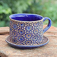 Ceramic cup and saucer, 'Natural Bloom in Blue' - Ceramic Cup and Saucer Floral Mug