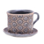 Ceramic cup and saucer, 'Natural Bloom in Black' - Handcrafted Ceramic Cup and Saucer Set