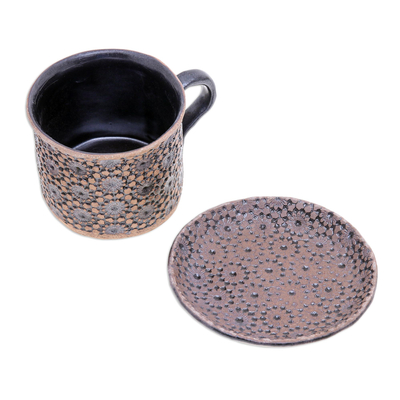 Handcrafted Ceramic Cup and Saucer Set - Natural Bloom in Black