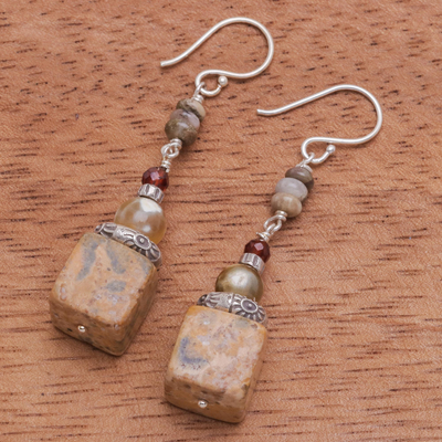 Jasper and carnelian dangle earrings, 'Art Class' - Artisan Made Jasper and Carnelian Dangle Earrings