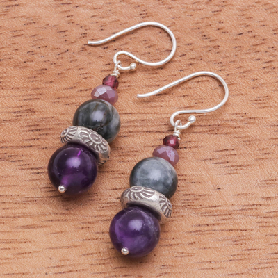 Multi-gemstone dangle earrings, 'The Queen's Star' - Thai Amethyst and Quartz Dangle Earrings