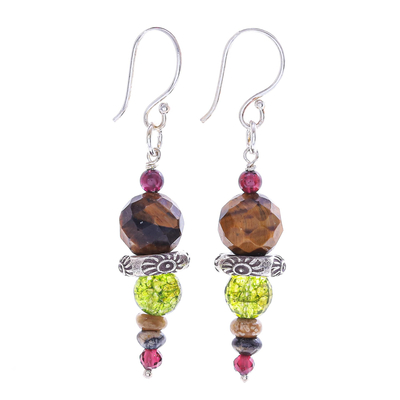Multigemstone dangle earrings, 'Dream Forest' - Tiger's Eye and Garnet Dangle Earrings from Thailand