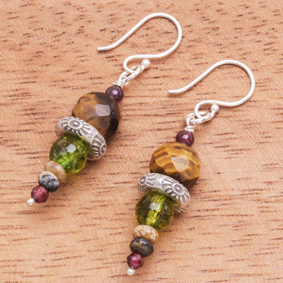 Multigemstone dangle earrings, 'Dream Forest' - Tiger's Eye and Garnet Dangle Earrings from Thailand