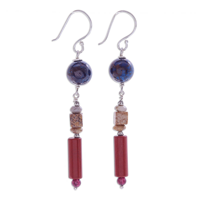 Jasper and garnet dangle earrings, 'Summer Relax' - Hand Crafted Jasper and Garnet Dangle Earrings