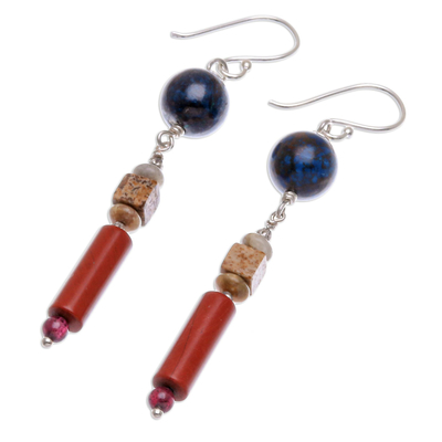 Jasper and garnet dangle earrings, 'Summer Relax' - Hand Crafted Jasper and Garnet Dangle Earrings