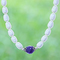 Cultured pearl and amethyst pendant necklace, 'Sea Throne' - Cultured Pearl and Amethyst Pendant Necklace