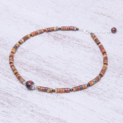 Multi-gemstone pendant necklace, 'Earth's Core' - Jasper and Tiger's Eye Pendant Necklace