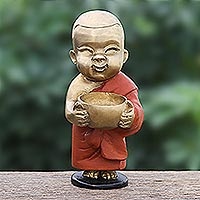 Brass sculpture, 'Loving Novice Monk' - Hand Painted Brass Monk Sculpture