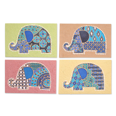 Cotton and paper greeting cards, 'Elephant Greeting' (set of 4) - Handmade Cotton and Paper Greeting Cards