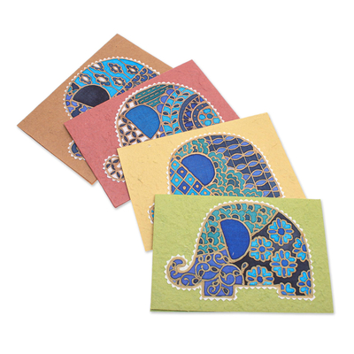 Cotton and paper greeting cards, 'Elephant Greeting' (set of 4) - Handmade Cotton and Paper Greeting Cards