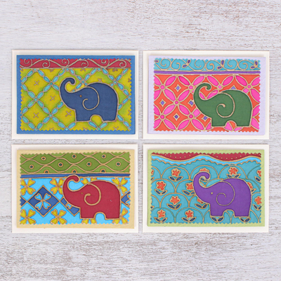 Cotton and paper greeting cards, 'Festive Elephant' (set of 4) - Handmade Mulberry Paper Greeting Cards