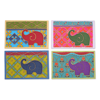 Cotton and paper greeting cards, 'Festive Elephant' (set of 4) - Handmade Mulberry Paper Greeting Cards