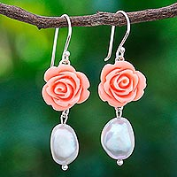 Cultured pearl dangle earrings, 'Water Rose' - Cultured Pearl and Sterling Silver Rose Earrings