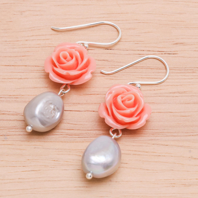 Cultured pearl dangle earrings, 'Water Rose' - Cultured Pearl and Sterling Silver Rose Earrings