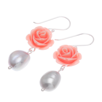 Aretes colgantes de perlas cultivadas - Aretes de perlas cultivadas y rosa de plata esterlina