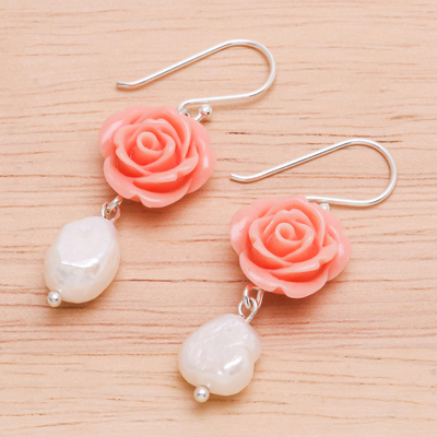 Cultured pearl dangle earrings, 'Misty Rose' - Freshwater Pearl and Sterling Silver Dangle Earrings