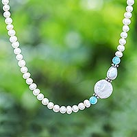 Cultured pearl and quartz pendant necklace, 'Sky Pearls'
