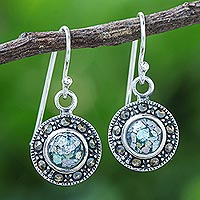 Marcasite and Roman glass dangle earrings, 'Arctic Night'