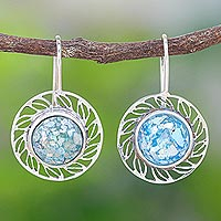 Roman glass drop earrings, 'Glittering Sea' - Handcrafted Roman Glass Dangle Earrings
