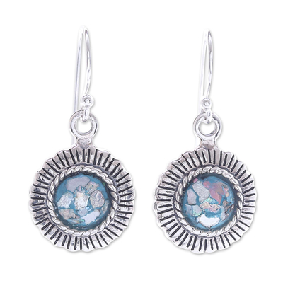 Roman glass dangle earrings, 'Cold Sun' - Hand Made Roman Glass Dangle Earrings