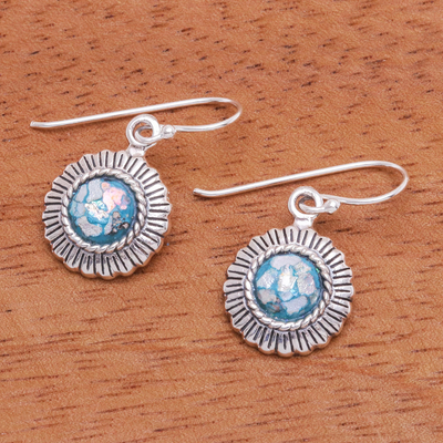 Roman glass dangle earrings, 'Cold Sun' - Hand Made Roman Glass Dangle Earrings