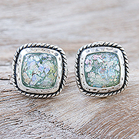 Roman glass button earrings, 'Ancient Mirror' - Roman Glass and Sterling Silver Button Earrings