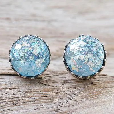 Roman glass stud earrings, 'Mining for Treasure' - Roman Glass and Sterling Silver Stud Earrings