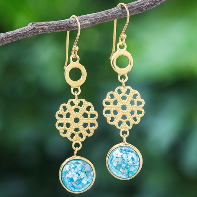Gold-plated Roman glass dangle earrings, 'Underground Waterfall' - Gold-Plated Roman Glass Dangle Earrings