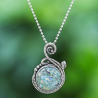 Roman glass pendant necklace, 'Morning Shimmer' - Roman Glass and Sterling Silver Pendant Necklace