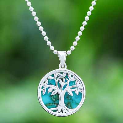 Turquoise pendant necklace, 'Haven in Turquoise' - Turquoise and Sterling Silver Tree Necklace