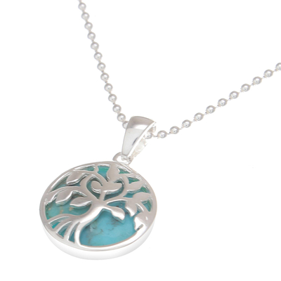 Turquoise pendant necklace, 'Haven in Turquoise' - Turquoise and Sterling Silver Tree Necklace